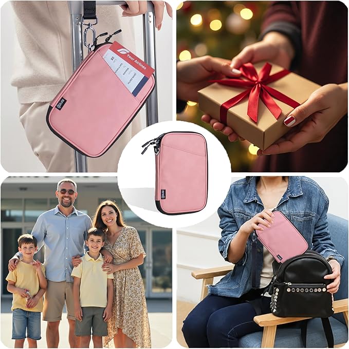family passport holder for 4 multiple passport bag for travel passport cover rfid blocking for women waterproof wallet with zipper airtag passport case for men (pink with faint patterns)