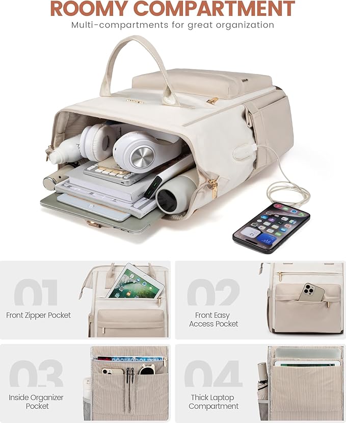 LOVEOVOOK 15.6 Inch Laptop Backpack for Women, Large Capacity Travel Backpack with USB Charging Port, Waterproof Work Backpack for Business, College, Nursing & Airline Travel,Nude White