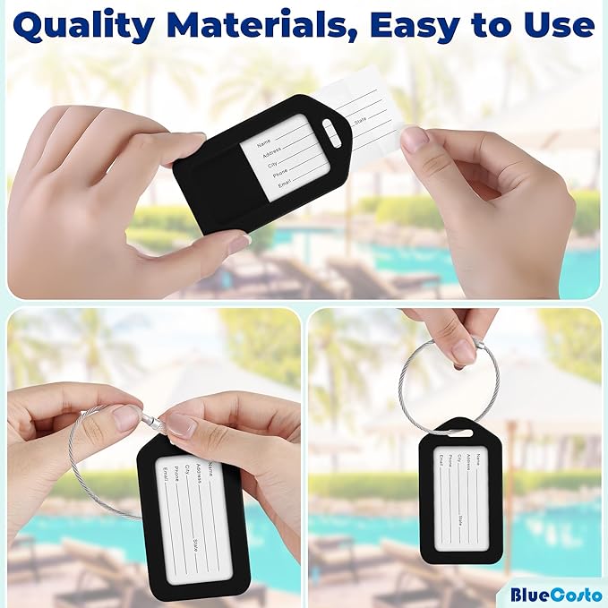 BlueCosto - Luggage Tags - Black, 50 Pack - Suitcase Tags with Name ID Card & Heavy-Duty Metal Wire Loops - Bright Colored PVC Identifiers for Travel Baggage - Backpack Name Labels