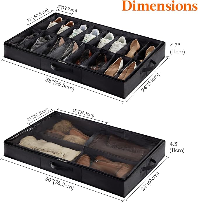 Lifewit Under Bed Shoe Storage Organizer 2 Pack(16 Pairs+4 Pairs), 4.3" Tall Fabric Shoes Container Box, Foldable Closet Shoe Bag with 2 Reinforced Handles and Clear Cover, Black