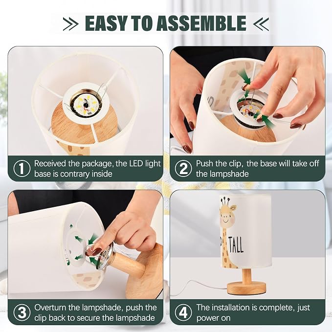 Cute Giraffe Cartoon Animal with Stand Tall Positive Bedside Table Lamps with USB Port for Bedroom LampSmall Nightstand Lamp Linen Shade Wooden Decorative Lamps for for Nursery Kids Reading Home