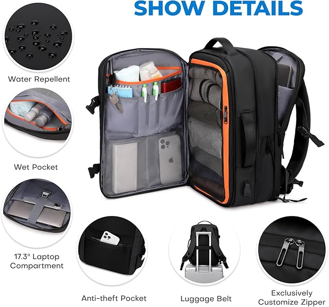 Carry On Travel Backpack for Airplanes | 35L Suitcase Backpack Luggage Business Weekender Bag - Expandable Travel Carry On Flight Approved for Men Women - Black