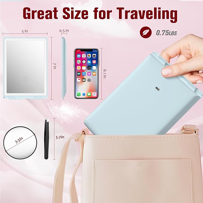 Travel Makeup Mirror with Lights Valentines Day Gifts for Her, Girlfriend, Wife, Birthday Gifts Rechargeable Portable Folding Compact LED Mirror Set with Tweezer 3 Color Light Modes-Cyan