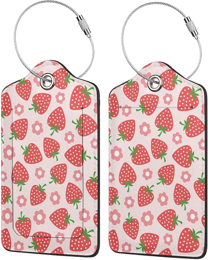 2 Pack Luggage Tags for suitcases Pink Strawberry Fruit TSA Approved Label Luggage Tag Baggage Tag Leather Stainless Steel Loop Label Tag for Men Women Travel Bag Suitcase