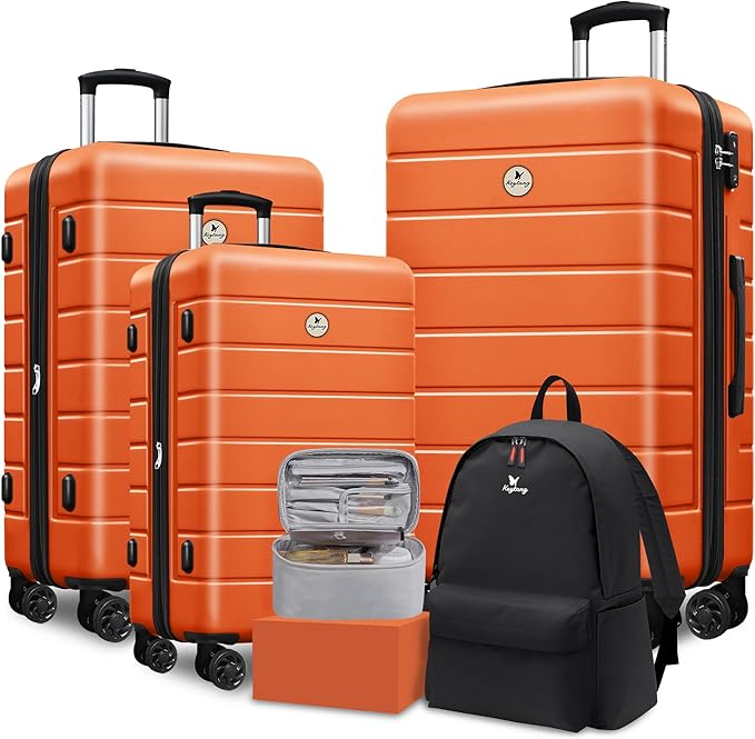 Classic Luggage Sets 5 Piece, Carry-On Luggage with Spinner Wheels, Lightweight Hardside Suitcase Set with TSA Lock, Bonus Travel Backpack & Makeup Bag, 20/24/28 inch, Orange
