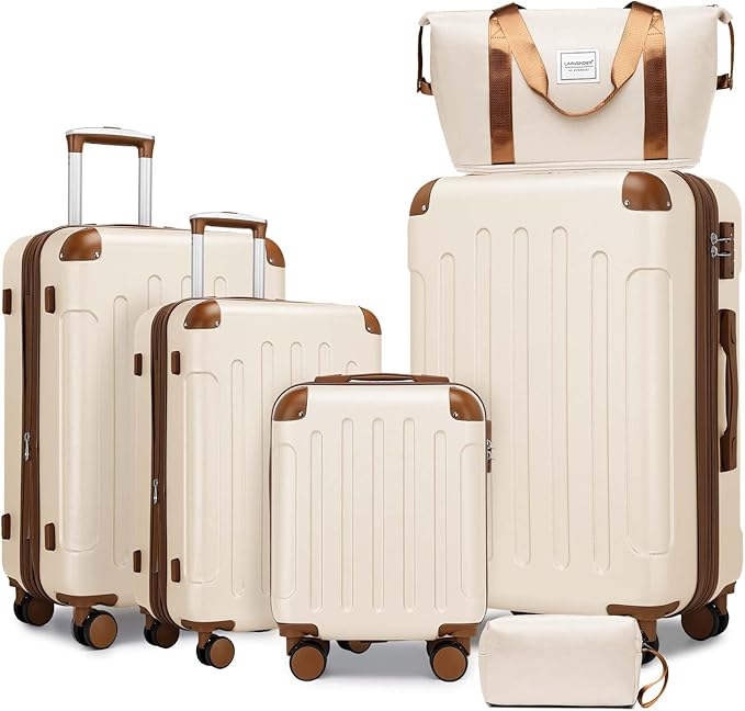 6 Piece Luggage Set Hard Shell - Cream Expandable Suitcases with Spinner Wheels and Duffel Bags for Family Travel, Durable Carry On Luggage Sets with Lock for Women and Men