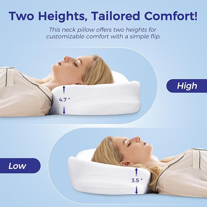 Cervical Neck Pillow for Pain Relief, Ergonomic Contour Pillow for Sleeping, Back Stomach Side Sleeper Pillows for Adults, Memory Foam Dual-Height Neck Support Pillow with Cooling Case, White