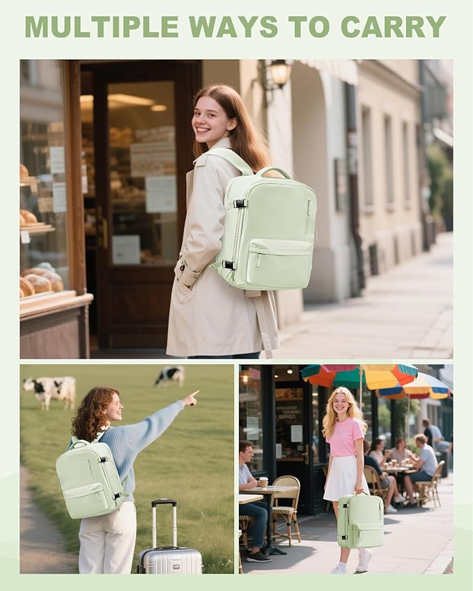 VECAVE Travel Backpack for Women, Airline Flight Approved Carry On Backpacks Waterproof 14 Inch Laptop Backpack with Shoe Compartment Casual Daypack Green.