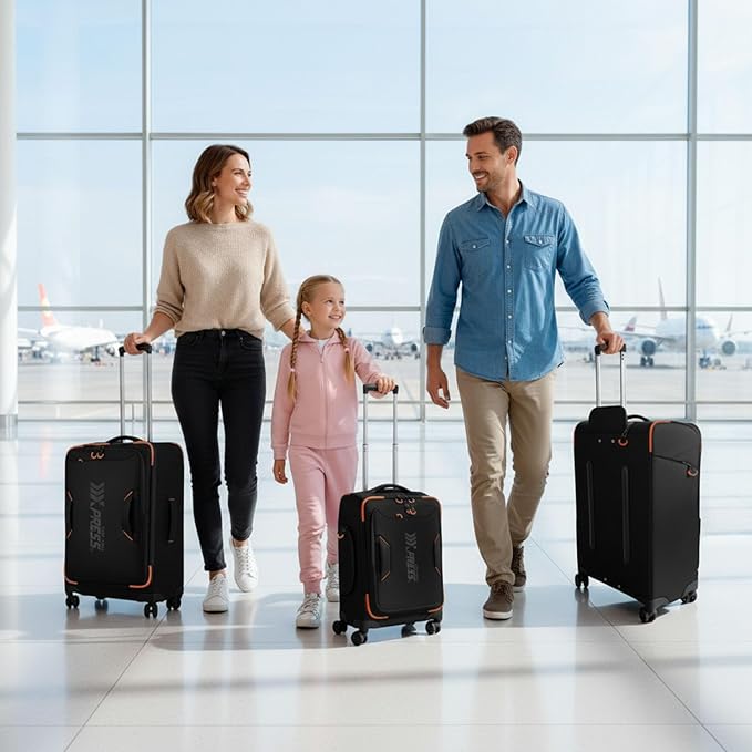 3-Piece Softside Upright Luggage Set with Front Open Pocket, Lightweight and Waterproof Durable Suitcase Sets Double Spinner Wheels（Black, 22in/26in/30in）