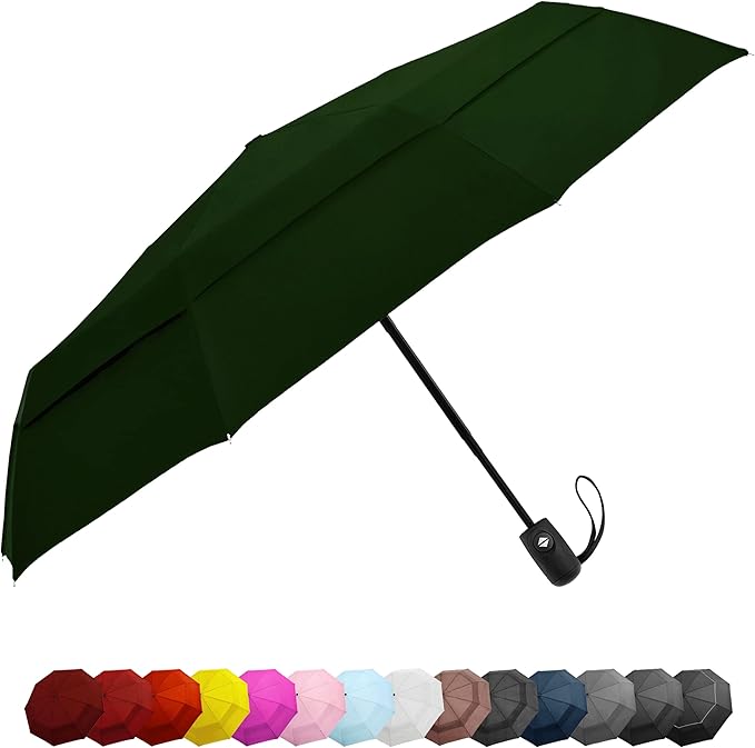 Windproof Compact Umbrella for Rain - 42” Travel Umbrella, Portable, Strong, Collapsible to 11”, Automatic Open Close Button, Vented Double Canopy with Fiberglass/Steel Frame, Wind Resistance to 55MPH