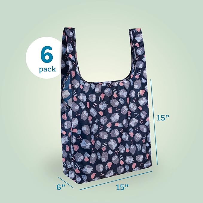 Masirs Reusable Grocery Bag (ANIMAL PATTERN | 6-PACK) - Reusable Ripstop Bags - Large, Strong Eco Friendly Bags - Foldable Shopping Bag - For Kitchen, Grocery & More - Packable Shopping Bag