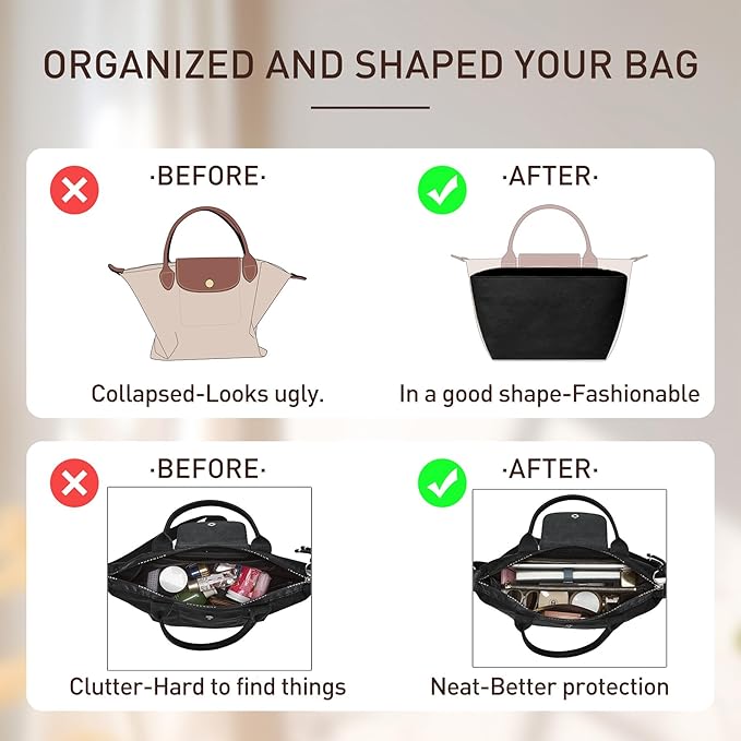 Doxo Purse Organizer Insert for le pliage Tote, Extra Lightweight Waterproof le pliage Large Organizer with YKK Zip, Bag Organizer Insert Compatible with Long Champ Shoulder Bag Large(Black,L)