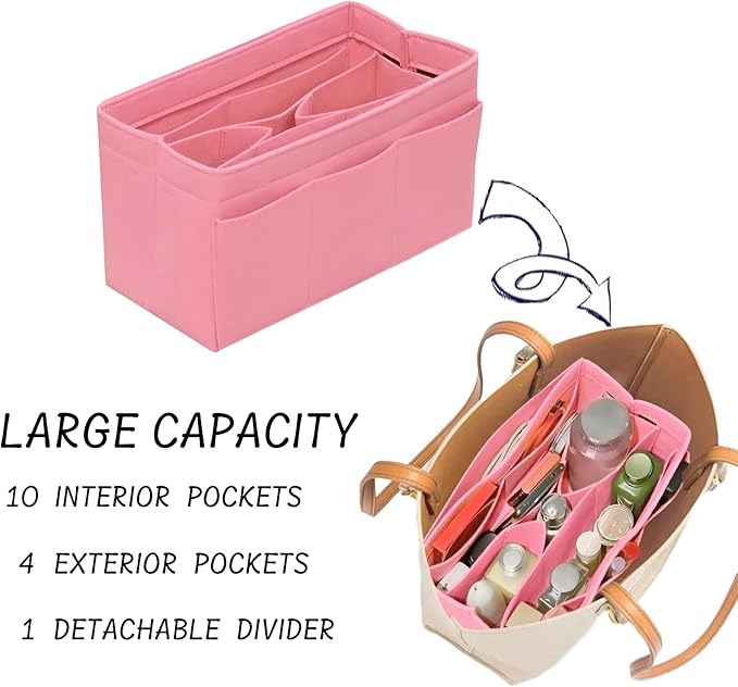 DailyPlus Purse Organizer Insert Felt Bag Organizer Handbag Organizer Insert Bag In Bag Organizer for Tote Purse Bag 14 Pockets Pink Medium