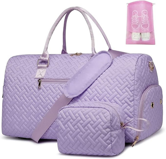 Duffle Bag for Travel, Weekender Bag with Shoe Compartment, Carry On Overnight Bag for Women with Toiletry Bag, Gym Bag with Wet Pocket, Hospital Bags for Labor and Delivery Beige