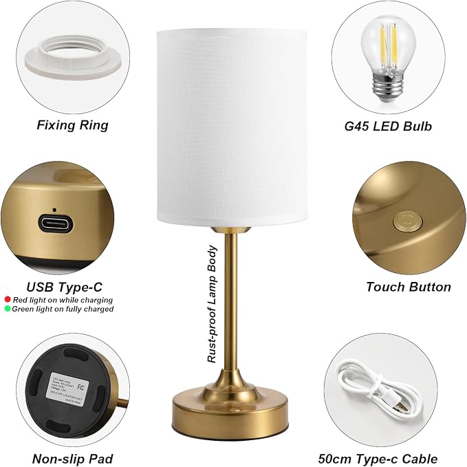 Touch Control Cordlss Table Lamp, USB-C Rechargeable Lamp with Stepless Dimming, 4000mAh Battery Operated Vintage Bedside Lamp for Bedroom, Living Room, Night Light & Emergency Lighting, Brass, 2 Pack