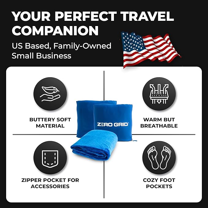 Zero Grid Lightweight Travel Blanket – Premium Compact Wearable Airplane Blanket with Neck Snaps, Cozy Foot Pockets, Zipper Pouch, converts to Soft Pillow for Ultimate Comfort - Royal Blue