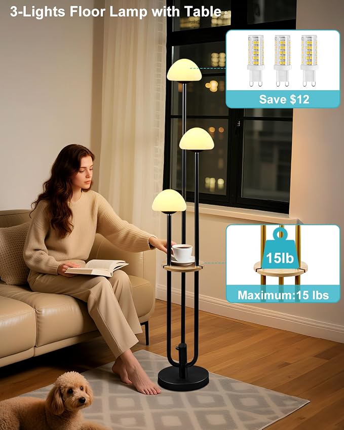 Lightdot Black Dimmable Floor Lamp with Table Modern Floor Lamps with 5Lbs Heavy Base for Living Room 3000K Warm Lights Included Standing Lamp with Mushroom Shades for Bedroom/Sofa Beside/Corner Decor