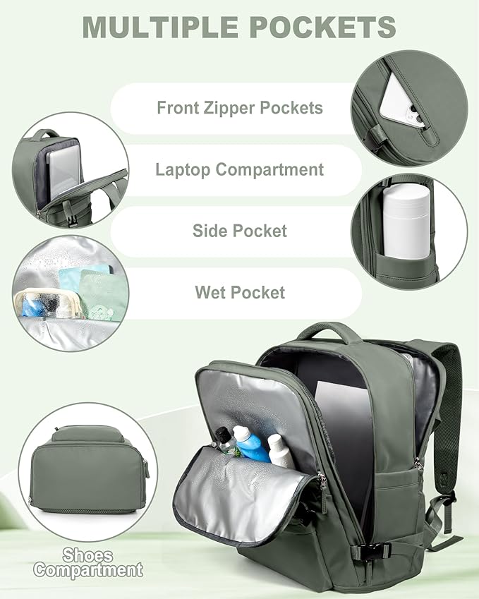 VECAVE Travel Backpack for Women, Airline Flight Approved Carry On Backpacks Waterproof 14 Inch Laptop Backpack with Shoe Compartment Casual Daypack Green
