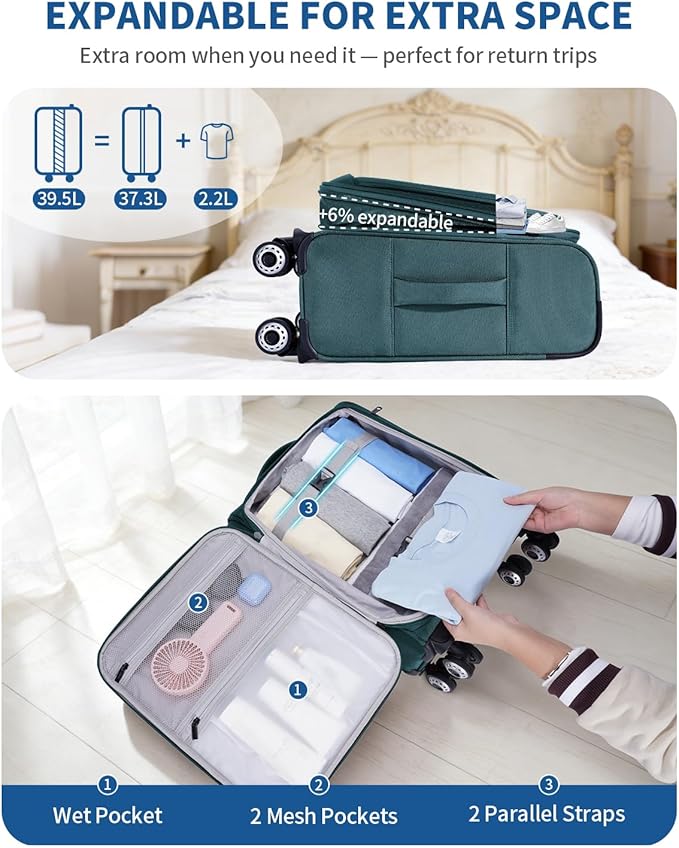 ECOHUB Carry On Luggage Airline Approved, 20 Inch Softside Carry On Suitcase with Spring Shock-Absorbing Spinner Wheels, Lightweight Travel Luggage with TSA Lock, 22x14x9 Carry-On Bag