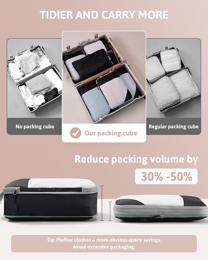 Meowoo 7 Set Compression Packing Cubes for Travel, Durable Ripstop Mesh Suitcase Organizer with Shoe Bag, Ultralight & Expandable Space Saver Travel Cubes