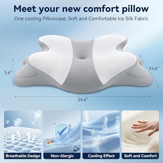Sleep Apnea Pillow with Neck Pain & Snoring Relief -Orthopedic Cervical Pillow, Ergonomic Contour Memory Foam for Side, Back,Stomach Sleepers, Medium Firm (GreyWhite, Queen Size 25" Lx15 Wx5.8 H)