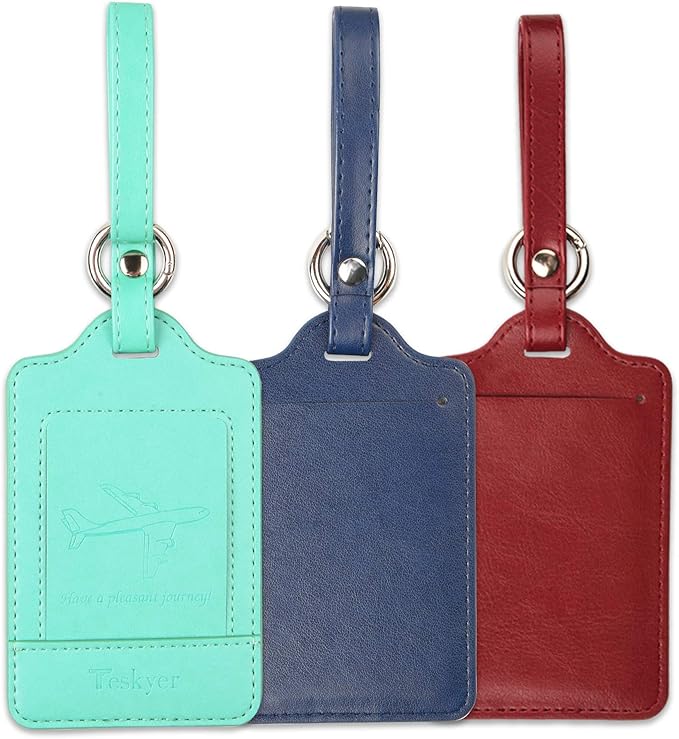 Teskyer Luggage Tags, 3 Pack Premium PU Leather Luggage Tags Privacy Protection Travel Bag Labels Suitcase Tags