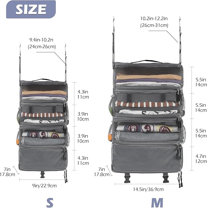 Surblue Travel Hanging Luggage Organizer Portable Suitcase Closet Organizer Multiple Compartments Collapsible Compression Packing Cubes Shelf, LightGray, S