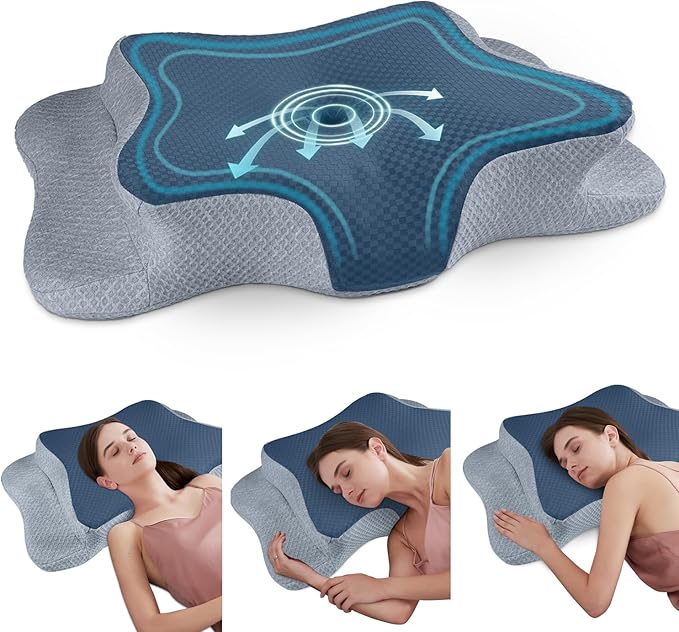 Cervical Neck Pillow for Pain Relief Sleeping, Memory Foam Pillows, Ergonomic Side Sleeper Pillows, Cooling Orthopedic Neck Support Pillow for Back Stomach Sleepers-Queen Size Blue&Grey
