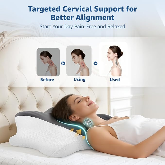 Cervical Pillow for Neck Support: Contour Memory Foam Pillow for Side Back Stomach Sleepers - Ergonomic Neck Pillow with 2 Heights & Widened Armrest Design