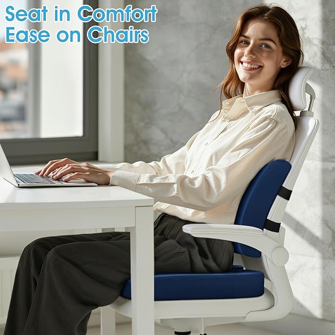 Seat Cushion, Lumbar Support Pillow with Adjustable Strap-Chair Cushions for Sciatica Pain Relief-with Washable Cover Memory Foam for Car, Travel and Wheelchair-Blue