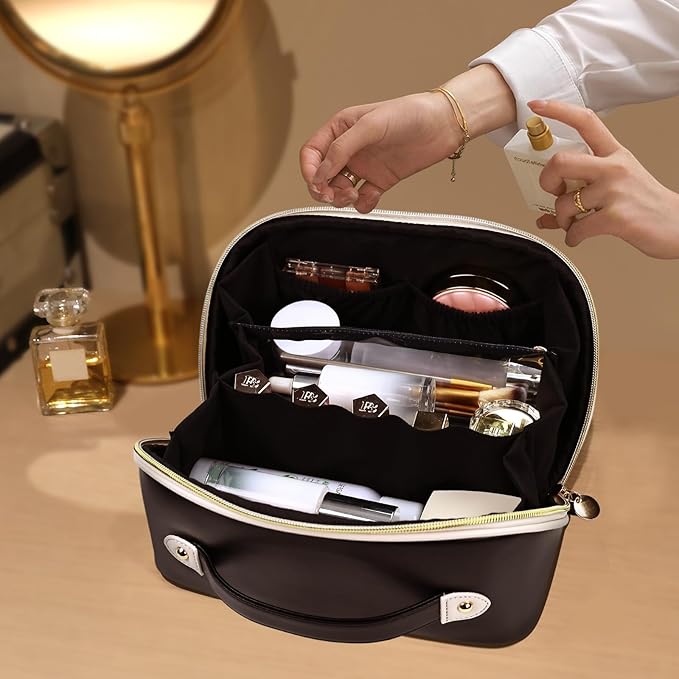 Prite Makeup Bag for Women Travel Waterproof Vegan Leather Cosmetic Bag Open Flat Toiletry Bag With Clear Divider and Handle (Large Black Pro)