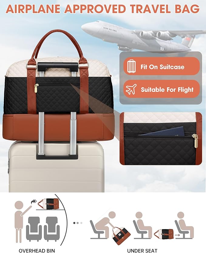 Weekender Bags for Women Duffle Bag - Travel Bag for Women with Shoe Compartment Carry On Overnight Bag Yoga Gym Bag with Wet Pocket Hospital Bag Labor Delivery Black Beige Brown