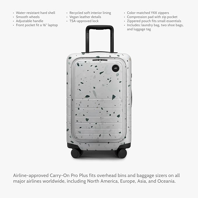 Monos Carry-On Pro Plus Luggage (23"), Hardside Spinner Suitcase with TSA Lock & Front Pocket, Airline Approved, Terrazzo, White