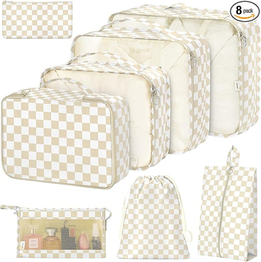 8 Set Packing Cubes for Suitcases,Packing Cube with Shoe, Cosmetics, Clothing, and Accessories Bags Packing Cubes for Travel Luggage Organizer Women Men(Khaki Checkered)
