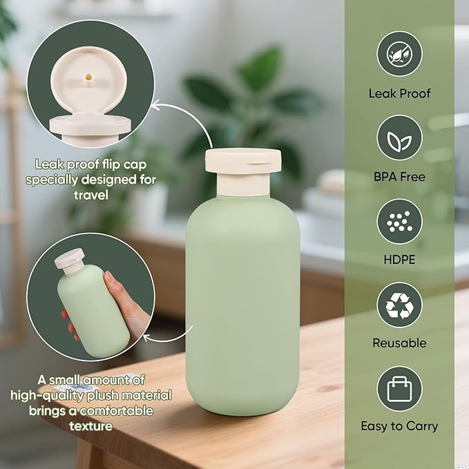 DEMORA 6.6oz Travel Bottles for Toiletries, Larger Plastic Travel Squeeze Bottles Leak Proof Refillable Toiletry Containers with Flip Caps and Labels for Shampoo Conditioner Lotion (Green, 4 Pcs)