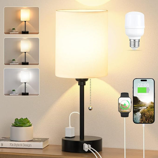Dicoool Bedside Table Lamp for Bedroom - Small Desk Lamp with USB Ports | USB A+C Ports, AC Outlet, 3 Color Temperatures, LED Bulb Included, White Fabric Shade, Black Metal Base, 14" Nightstand lamp