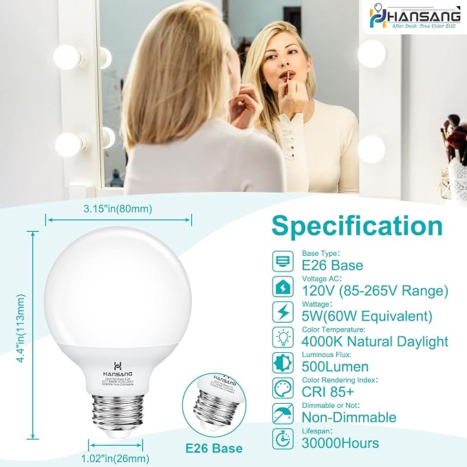 12 Pack LED Vanity Barthroom Light Bulbs 60W Equivalent 4000K Natural White | G25 LED Light Bulbs, E26 Base, CRI85+ Eye-Friendly, Type G Round Light Bulb Over Mirror, 120V, 5W, 500LM, Non-Dimmable