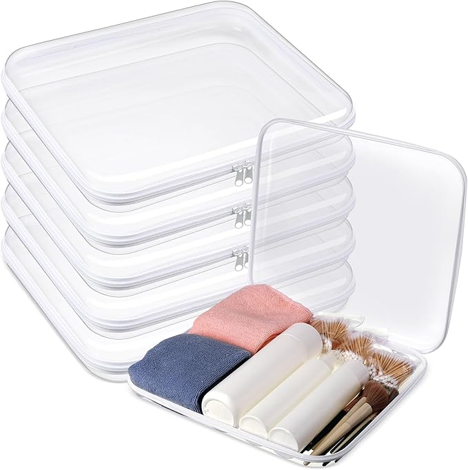Sanwuta 6 Pcs Clear Hard Zipper Case Plastic Zipper Pouches Transparent Makeup Bag Pencil Case Pouches Toiletry Diaper Bag for Travel Toy Storage Organizer Bins(White,13.78 x 11.81 x 2 Inch)