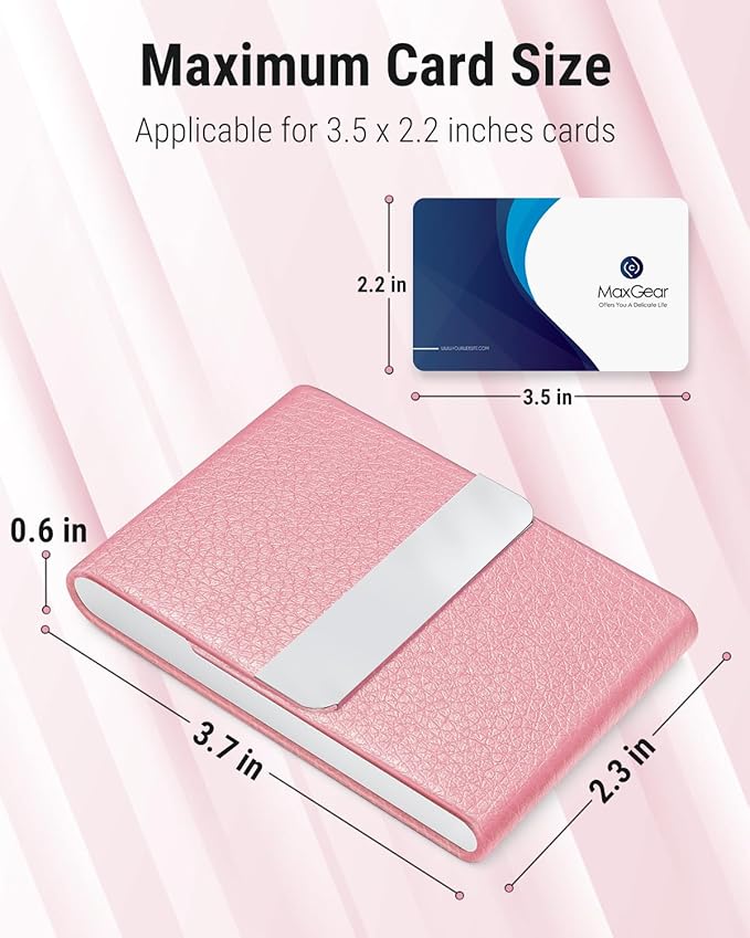 MaxGear Business Card Holder, PU Leather & Stainless Steel Business Card Case for Men or Women, Slim Name Cards Holder RFID Blocking Credit Cards Carrier with Magnetic Closure, Pink