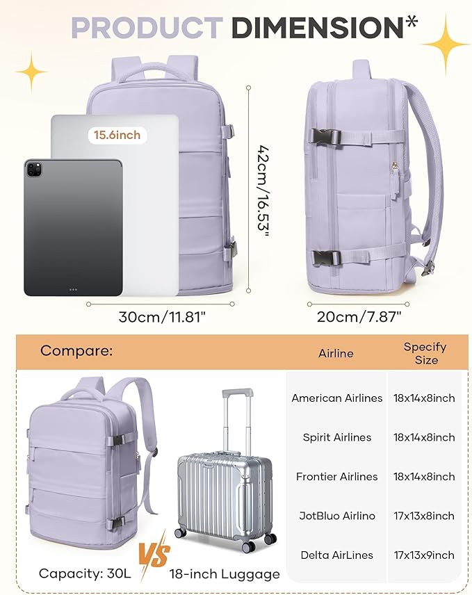 Carry On Backpack Personal Item Travel Backpack For Women Airline/Flight Approved Waterproof Sports Luggage Casual Daypack Small Hiking Backpack Purple