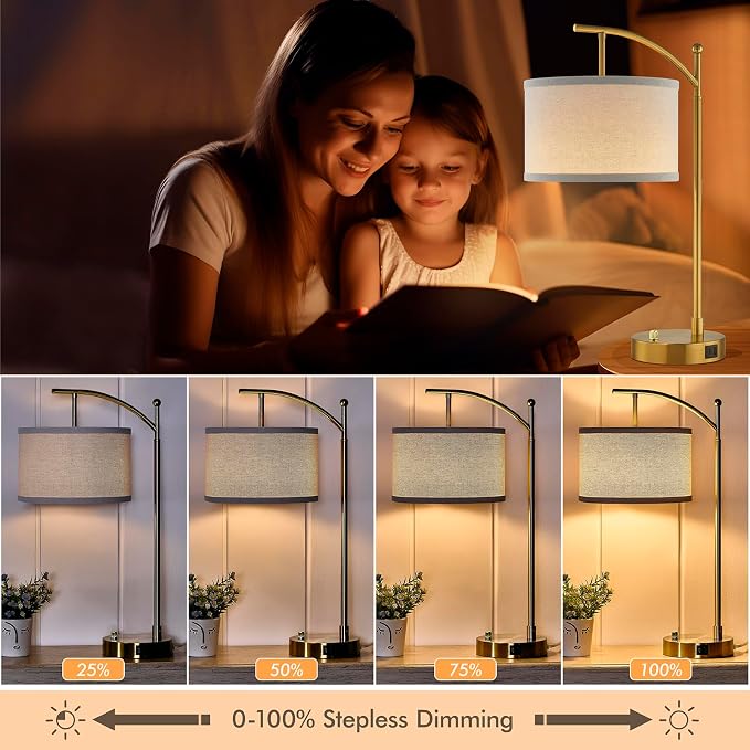 Table Lamp for Living Room Bedroom, 23.5" Table Lamps Set of 2 with USB C+A Ports, Bedside Lamps for Nightstand with Linen Lamp Shades, 2 Dimmable LED Bulbs Included, Gold