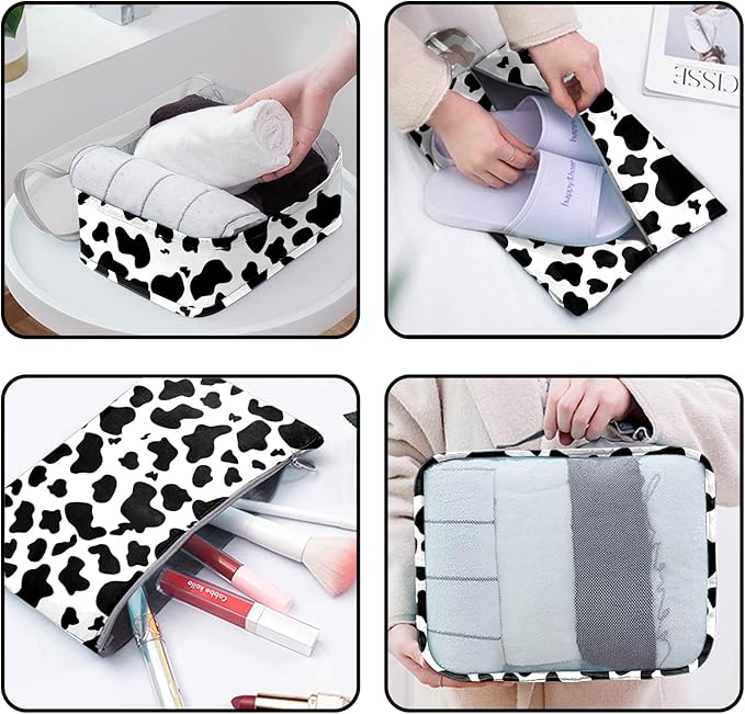 7 Set Packing Cubes Travel Luggage Organizers for Suitcase Travel Accessories with Shoe Bag for Women Girls Aesthetic Cute-Black White Cow Pattern