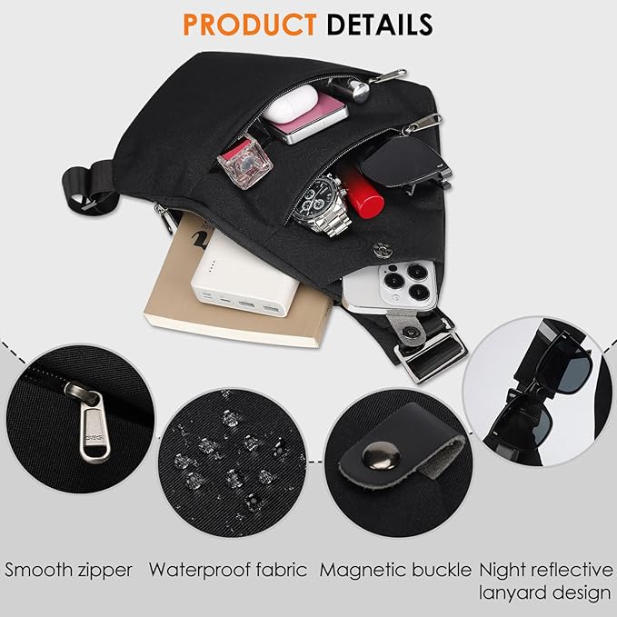 Anti Theft Crossbody Bags for Women Men Travel Sling Bag with Personal Pocket Theft Resistant Sling Backpack Shoulder Bag for Sports Hiking Traveling Running, Black