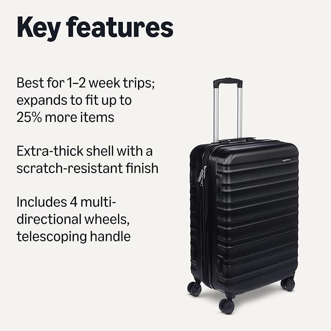 Amazon Basics 26" Hardside Medium Checked Luggage, Expandable For Up to 15% More Space, With Scratch-Resistant Surface, Four Multi-directional Wheels, Black