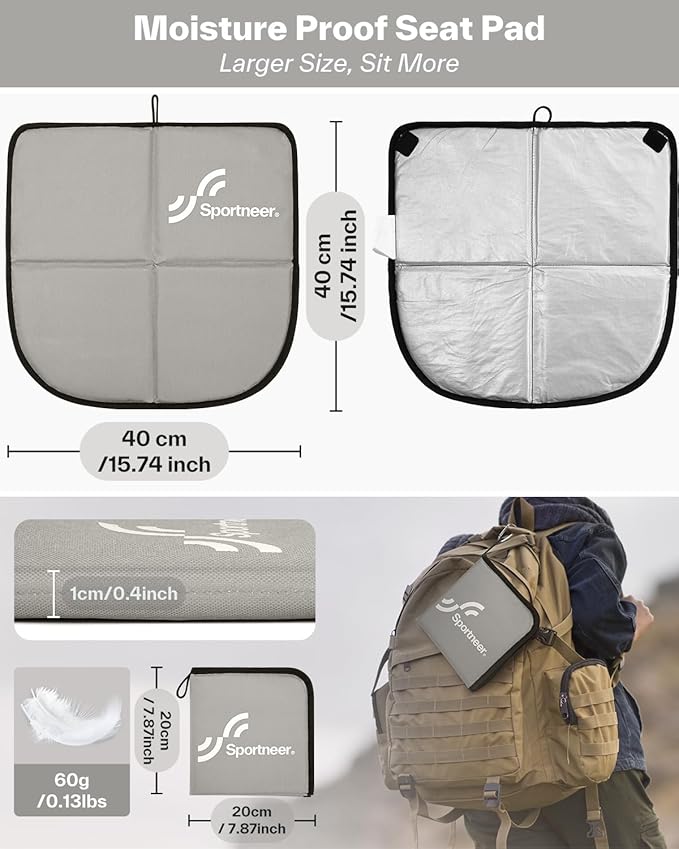 Sportneer Sitting Pad: Lightweight Waterproof Folding Seat Pad for Backpacking, 15.75'' x 15.75'' Portable Camping Seat Mat for Hiking, Picnics Beach & Outdoor Use, 0.13lbs