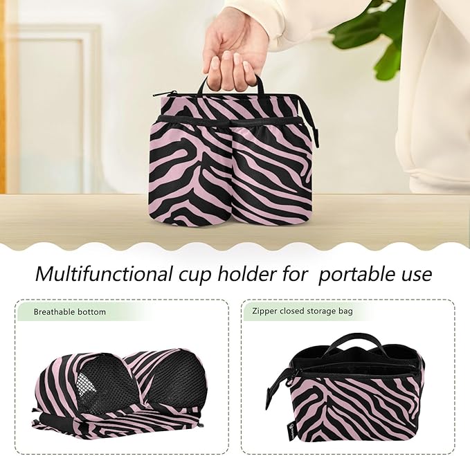 Pink Zebra Print Luggage Cup Holder Travel Portable Free Hand Drink Carrier Suitcase Drinks Beverage Holder Carry-On Bottle Mug Holder Organizer Bag Travelers Accessories