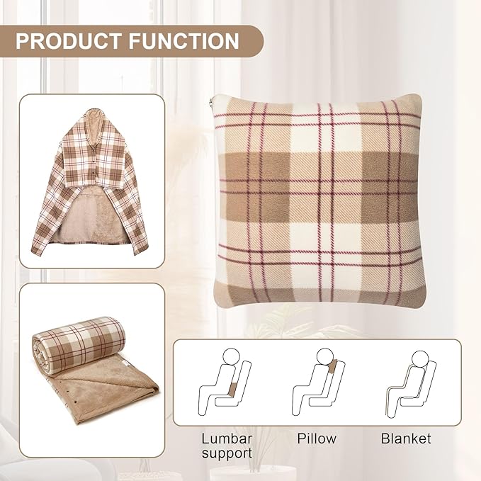 forestfish Wearable Blanket Compact Pillow 2-in-1, Flannel Lap Blanket Poncho with Button Plaid Throw Cushion for Home Office Sofa