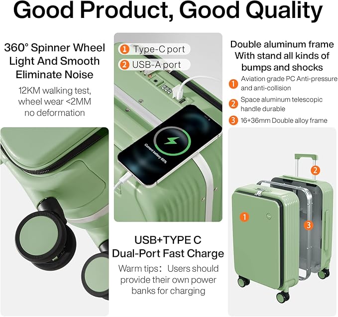mixi Checked Luggage with Cup Phone Holder and Charger Hard Shell Suitcases with Spinner Wheels, 24 Inch Avocado Green