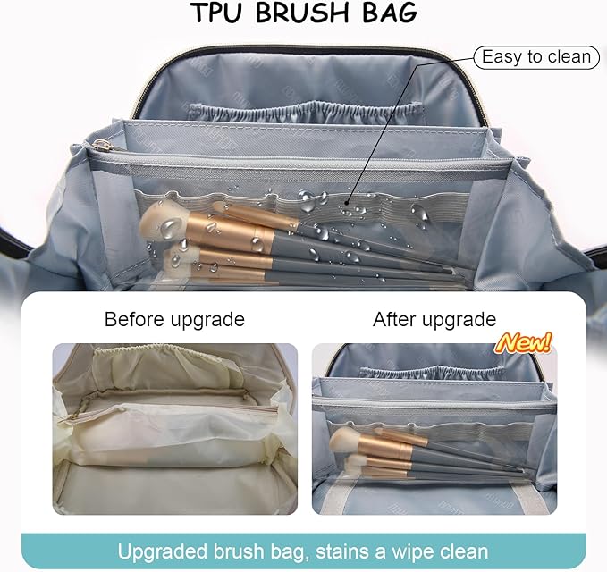 BOYATU Checkered Travel Makeup Bags: Vacation-Ready Light Blue Large Capacity Cosmetic Bag for Women - 3 Pcs Set Toiletry Organizer with Waterproof Leather - Easy to Clean Beach Trip Essential