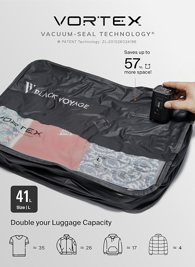 Black Voyage Reusable Vacuum Compression Travel Bag for Carry-On Suitcase and Backpack, Recycled IP67 Waterproof Space Saver Vacpack (2-Pack, 41L - Pump Included)